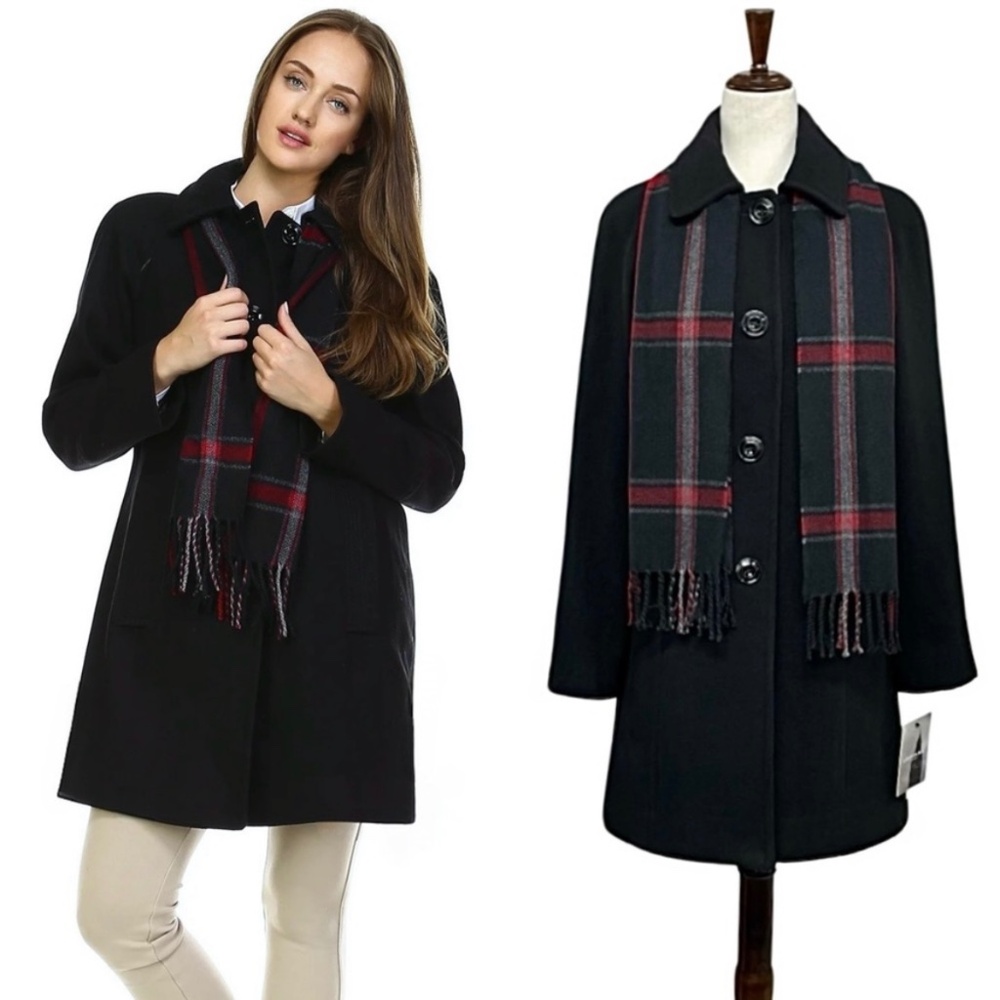 London Fog Single Breasted Black Wool Blend Peacoat Plaid Fringe Scarf Size S